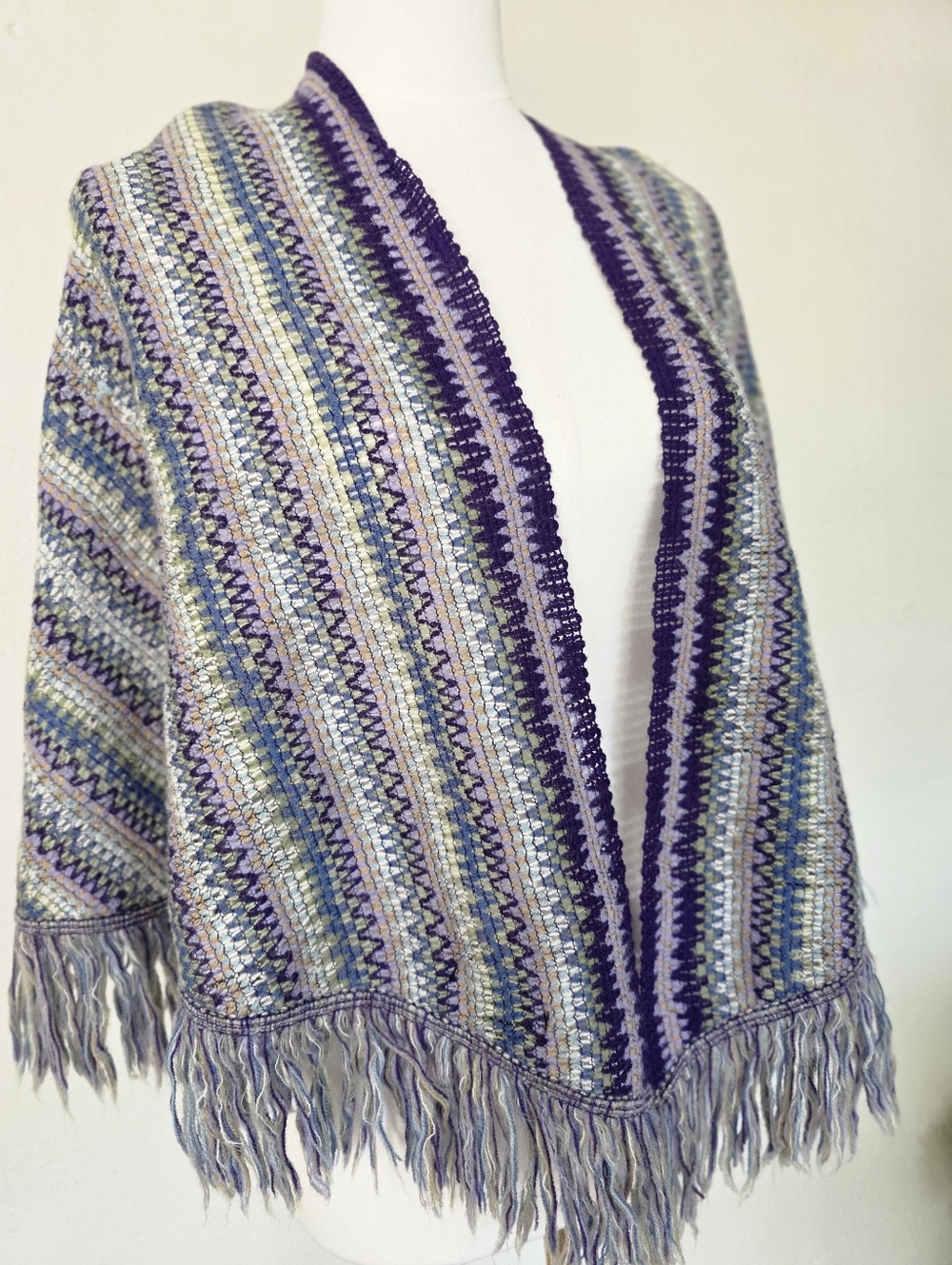 Missoni Italy Wool Mohair Fringe Knit Poncho Shawl Wrap Zig Zag Striped OS